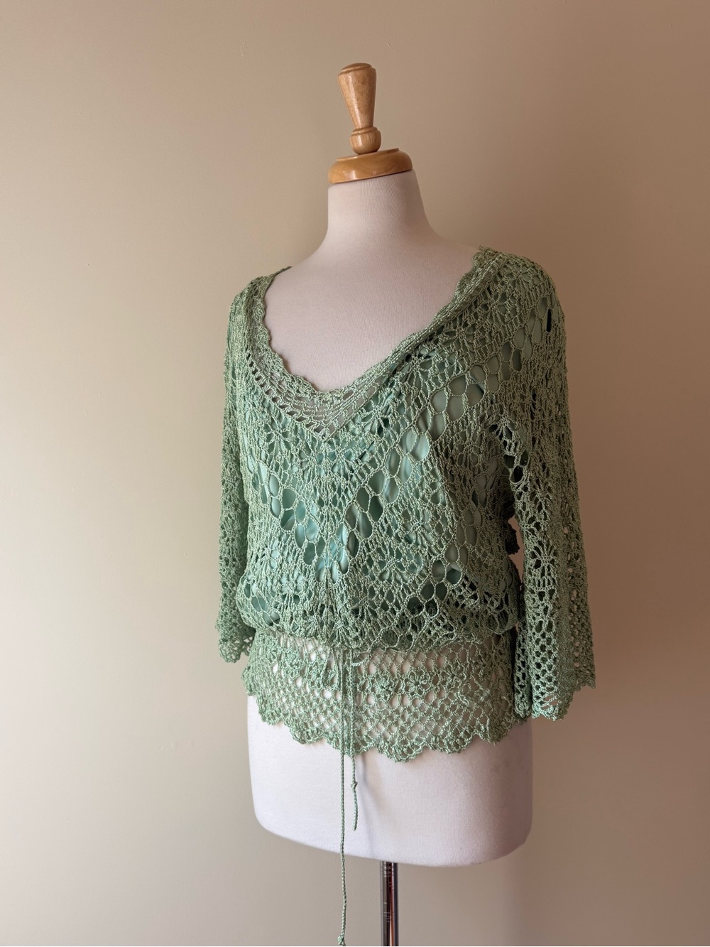 Vintage Kroshetta Sage Green Crochet Layered Top